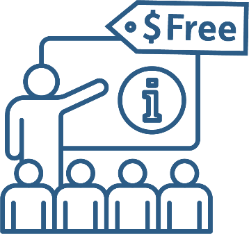 A person giving a presentation to a group of people. They are pointing at a screen with an information icon on it. Above them is a price tag that has the word 'Free' on it.