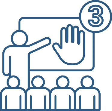 A person giving a presentation to a group of people. They are pointing at a screen with a hand icon on it. Above them is the number '3'.