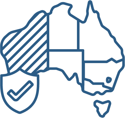 A map of Australia with WA highlighted. Next to the map is safety icon - a shield with a tick on it.