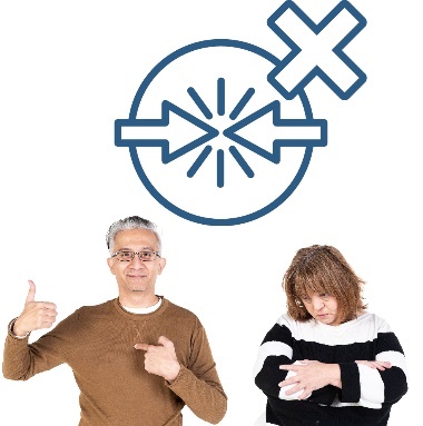 A person smiling and pointing at themselves next to a person looking upset. Above them is a conflict of interest icon. The icon is of 2 arrows crashing into each other.