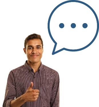 Someone with their thumbs up and a speech bubble.