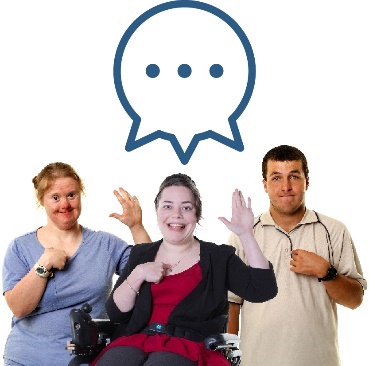Three people pointing at themselves. A speech bubble.