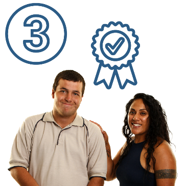 The number '3' next to a provider supporting a person with disability. Above them a badge with a tick on it. We call this a quality icon.