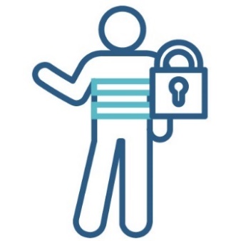 A person with restraints around their body, but still able to move their arms. Next to them is a locked padlock. 