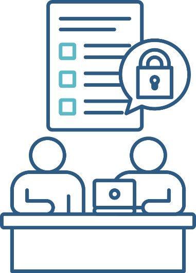 2 people at a desk looking at a computer together. Above them is a behaviour support plan. Next to the behaviour support plan is a locked padlock inside a speech bubble.