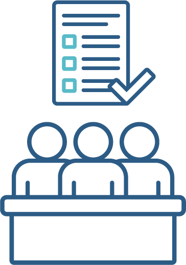 A group of 3 people behind a bench. Above them is a behaviour support plan with a tick next to it.