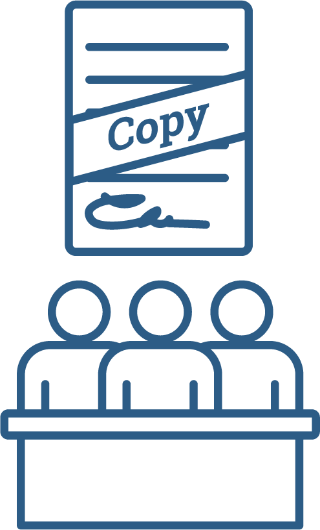 A group of 3 people behind a bench. Above them is a document that says 'copy'.