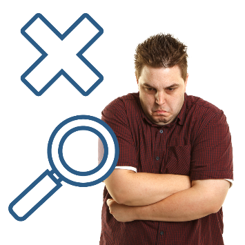 A person with their arms folded across their chest. They look upset. Next to them is a cross and a magnifying glass.