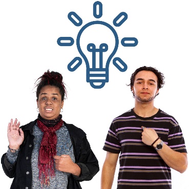 2 people pointing to themselves. Above them is a glowing lightbulb.