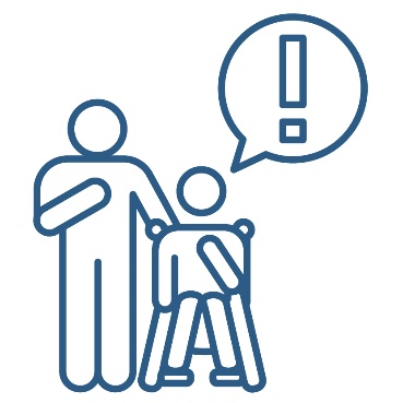 A person supporting someone in a wheelchair. Above the person in a wheelchair is an importance icon inside a speech bubble.