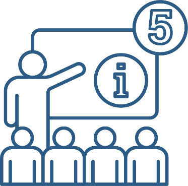 A person presenting to a group of people. They are pointing at a screen with an information icon on it. Next to them is the number '5'.