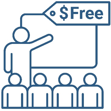 A person giving a presentation to a group of people. They are pointing at a screen. Above the screen it says 'free'.