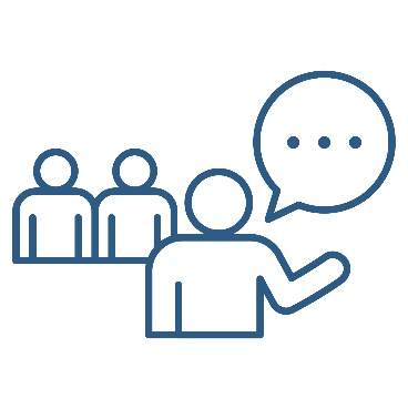 A person with a speech bubble in front of two people.