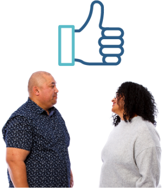 2 people having a conversation. Above them is a thumbs up.