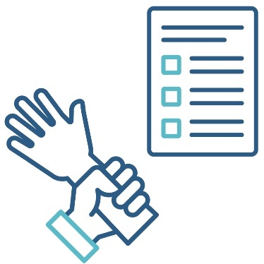 Someone holding onto a person's wrist. Next to this is a behaviour support plan document.