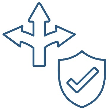 An arrow pointing in 3 different directions. Next to the arrow is a safety icon.