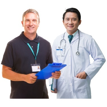 2 providers. One of them is a doctor. The other one is holding a clip board.