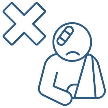 A person with a broken arm and a band aid on their head. Above them is a cross.