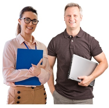 2 people. They are both holding folders.
