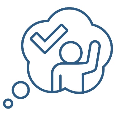 A thought bubble. Inside the thought bubble is a person raising their hand and a tick.