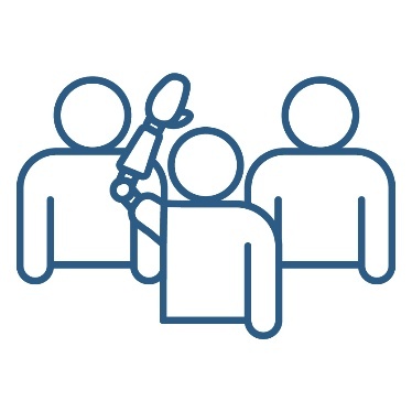 3 people. One person has a prosthetic arm. They are raising their hand. 