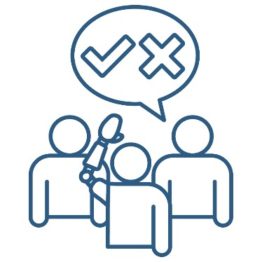 3 people. One person has a prosthetic arm. They are raising their hand. Another person has a speech bubble. Inside the speech bubble is a cross and a tick.