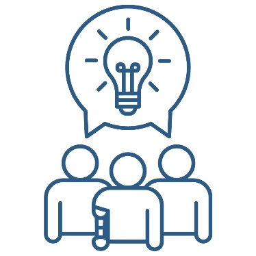 3 people sharing a speech bubble. Instead the speech bubble is a light bulb. One person has an prosthetic arm.