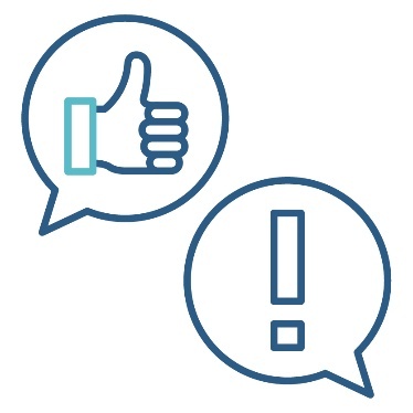 2 speech bubble. One speech bubble has a thumbs up inside it and the other speech bubble has an exclamation mark inside it.