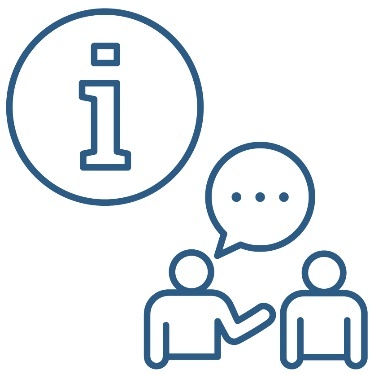 2 people talking. Above them is an information icon.