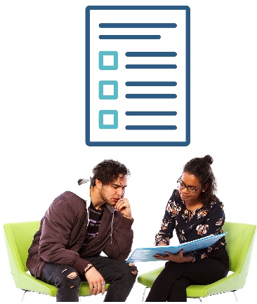 2 people looking at a document together. Next to them is a document.