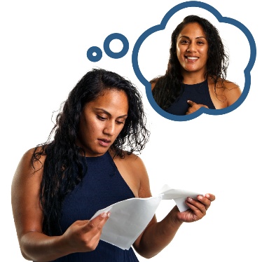 A person reading a document. There is a thought bubble above them with an icon of them pointing to themself.