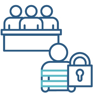 3 people behind a bench next to a restrictive practices icon.