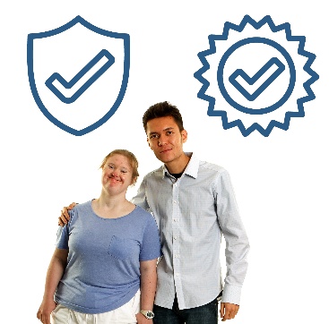A person supporting someone. Above them is a safety icon and a quality icon.