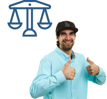A justice scales icon and a person holding 2 thumbs up.