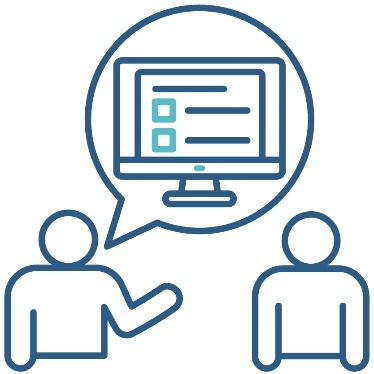 2 people having a conversation. Above one person is a speech bubble. Inside the speech bubble is a computer screen showing a bulletin.