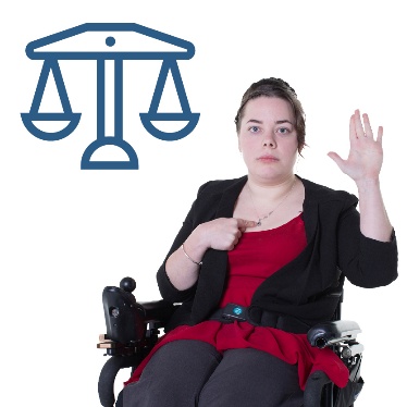 A person with disability pointing to themself and raising their other hand. There is a an icon of scales next to them to show the idea of rights.