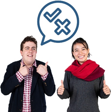 2 people giving thumbs up. There is a speech bubble above them with a tick and a cross inside of it.