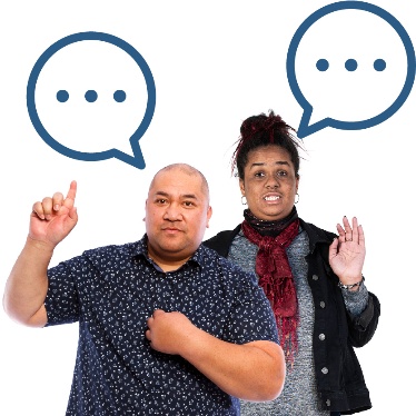 2 people pointing to themselves and raising their hands. They each have a speech bubble above them.