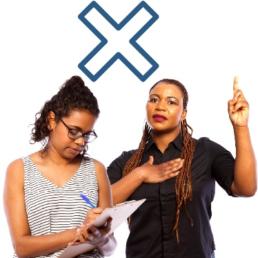 An external practitioner and a person pointing to themself and raising their other hand. There is a cross above them.