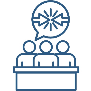 A speech bubble with 2 arrows pointing toward each other and colliding inside of it. There is a panel of people under the speech bubble.