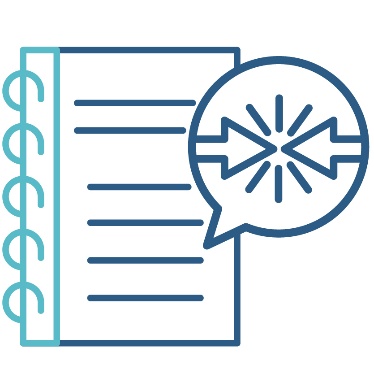 A report document next to a speech bubble with 2 arrows pointing toward each other and colliding inside of it.