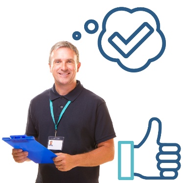 A provider next to a thumbs up and a thought bubble with a tick inside of it.