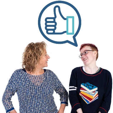 A practitioner talking to a person. There is a speech bubble next to them with a thumbs up inside of it.