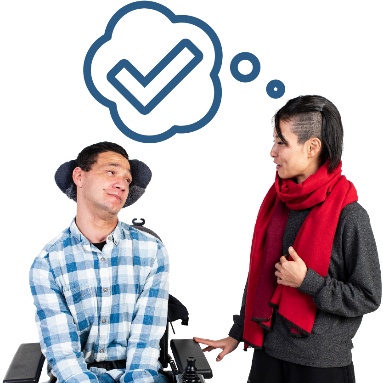 A practitioner talking to a person. There is a thought bubble next to them with a tick inside of it.