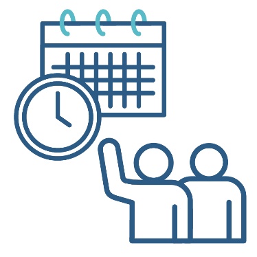 A calendar and a clock next to an icon of 2 people. One of the people is raising their hand.