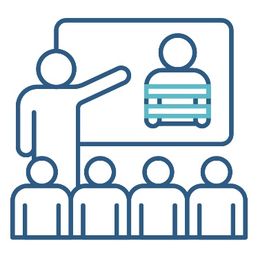 A person presenting to a group of people. They are pointing to a white board that shows a restrictive practices icon.