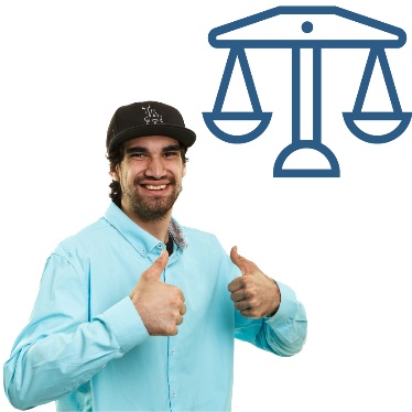 A justice scales icon and a person holding 2 thumbs up.