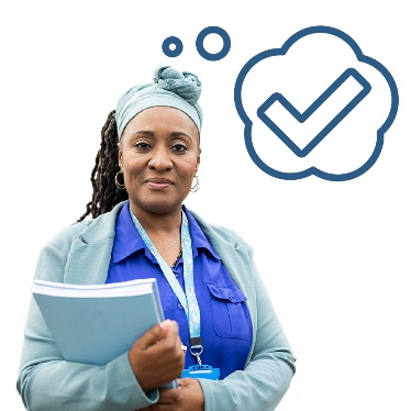 A provider holding a pile of documents. They have a thought bubble showing a tick.