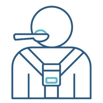 A person wearing a strap around their chest while eating.