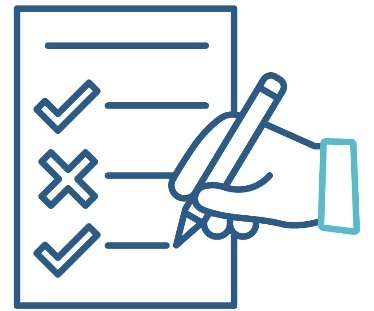 A person writing a list with ticks and crosses.